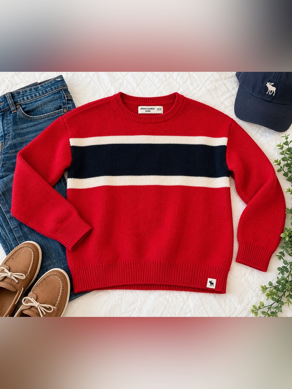 Abercrombie Kids 11/12 Red Navy Stripe 100% Cotton Crewneck Preppy Sweater